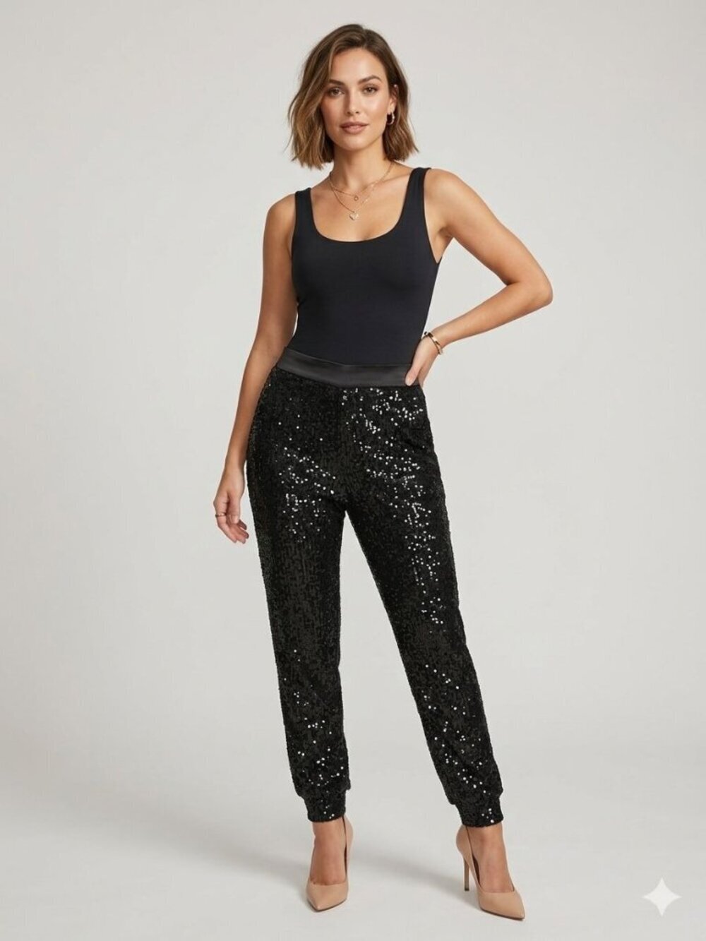 Cable & Gauge Black Sequin Jogger Pants High Rise Tappered Party Sparkle SMALL